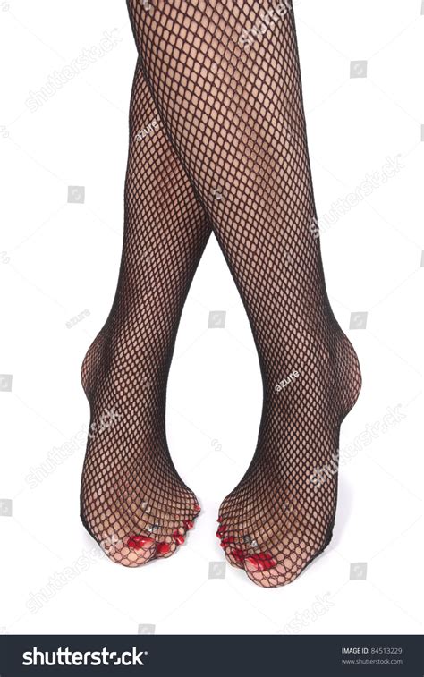 Womanfeet Wearing Fishnet Tights Over White Stock Photo 84513229