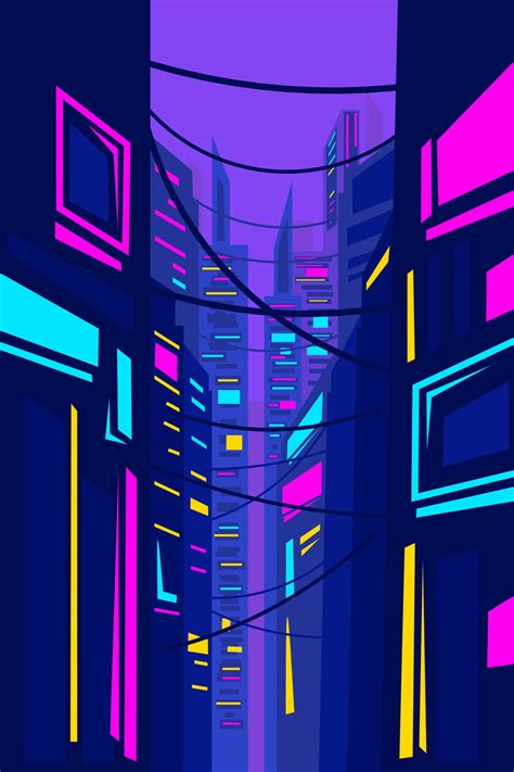 City Cyberpunk Neon Line Art Design Skyline With Buildings Towers