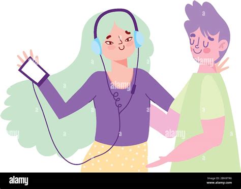 Girl Using Smartphone Listening Music With Earphones And Boy Vector