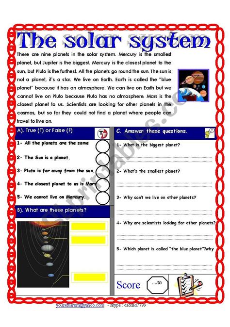Reading Comprehension Test Theme The Solar System