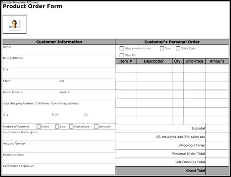 Product Order Form Template Sample Templates