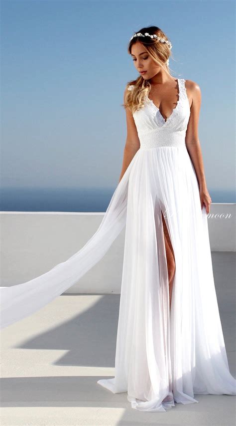 Deep V Neck High Side Split Wedding Dress With Long Train White Lace