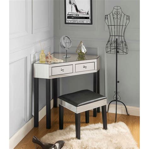 Daryl Black Mirrored Corner Vanity Set 2 Drawers 2 Pieces Vanity