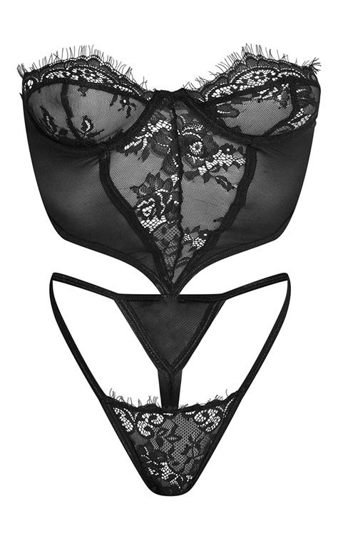 black lace panel strapless corset lingerie set prettylittlething qa