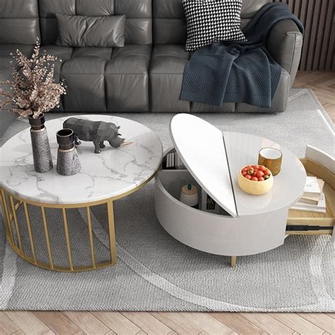 Luxury Modern White And Walnut White Round Coffee Table With Storage