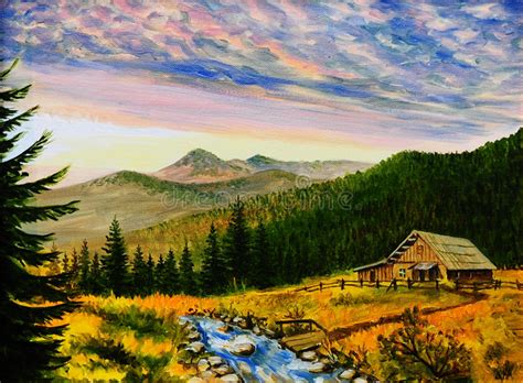 Oil Painting Landscape Sunset In The Mountains Village