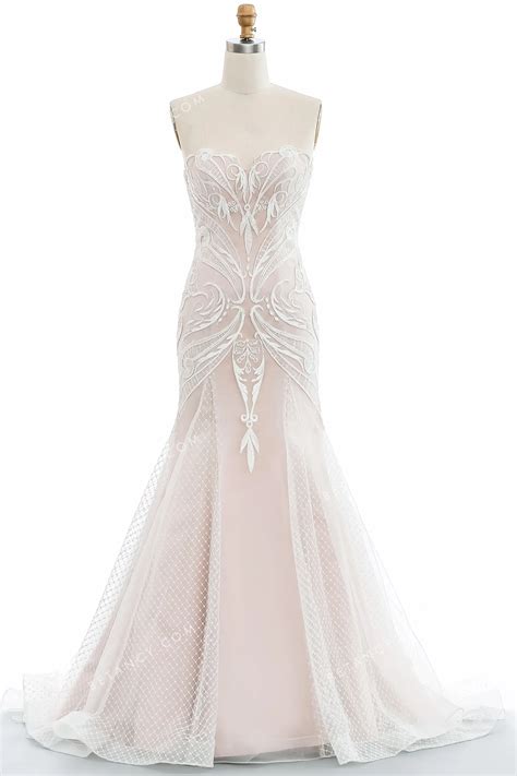 Unique Geometric Lace Overlay Nude Pink Bridal Gown BETANCY