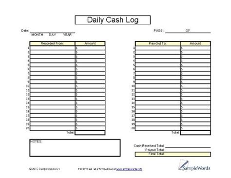 Samplewords Daily Cash Log Sheet Printable Cash Form For Financial