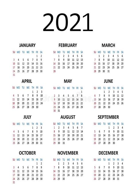 Calendario Anual 2021 La Semana Comienza El Domingo Vector Stock De Ilustración Ilustración