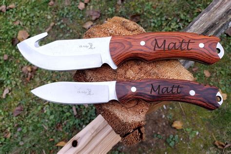 Custom Hunting Knife Set With Engraved Wood Handle And Sheath Etsy In