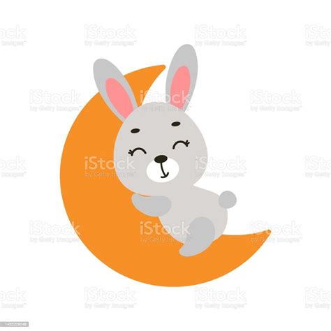 Cute Little Bunny Sleeping On Moon Cartoon Animal Character For Kids