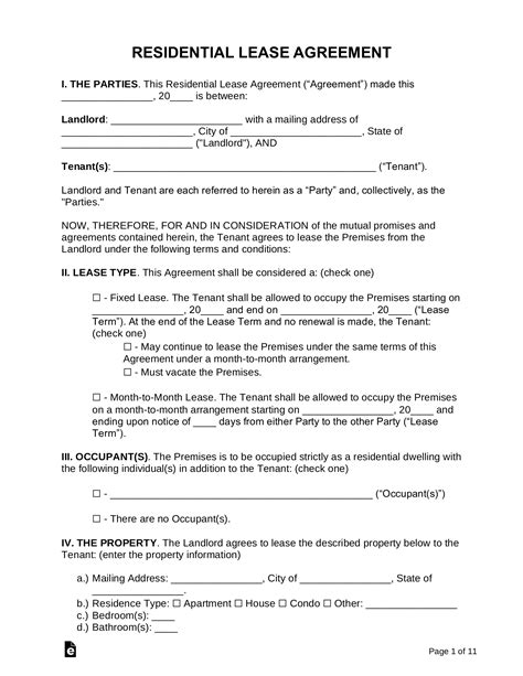 Free Rental Lease Agreements Word Pdf Eforms