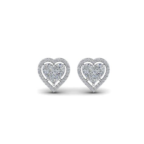Invisible Set Heart Halo Stud Diamond Earring In 14k White Gold