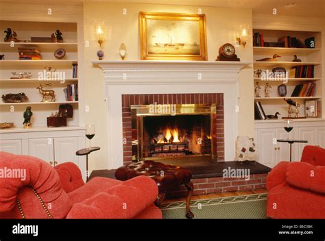 Interior Den With Fireplace Stock Photo Alamy