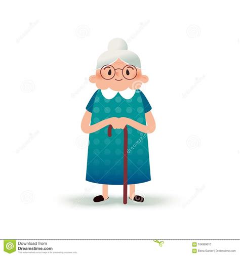 Cartoon Happy Grandmother With A Cane Old Woman With Glasses Flat