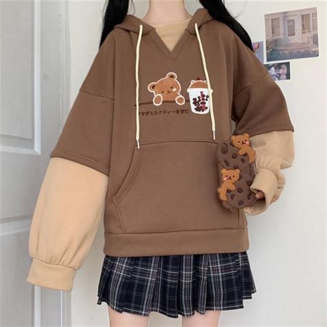 Harajuku Cute Bear Hoodie Brown M Kawaii Clothes Aesthetic