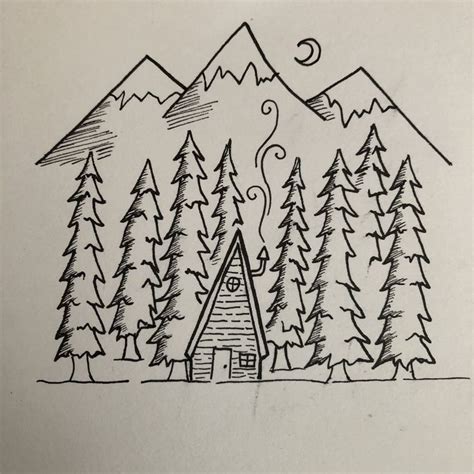 Black And White Pen Drawing Mountains Snow Moon Night