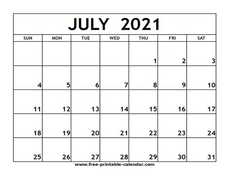 July 2021 Calendar Printable Calendar Printables Free Templates