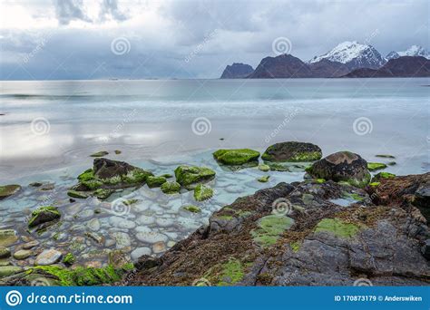 Wet Boulders And Rocks In Lofoten Islands During Sunset And Blue Hours