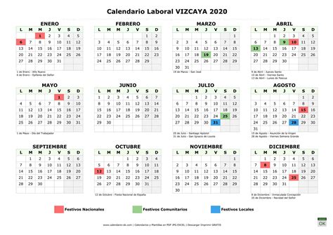 Incluye festivos locales, autonómicos y nacionales. Calendario Laboral 【VIZCAYA 2020】 para IMPRIMIR