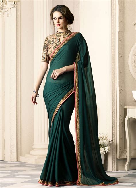 Exclusive Dark Green Silk Saree For Weddings Chiffon Saree Saree Designs Party Wear Sarees