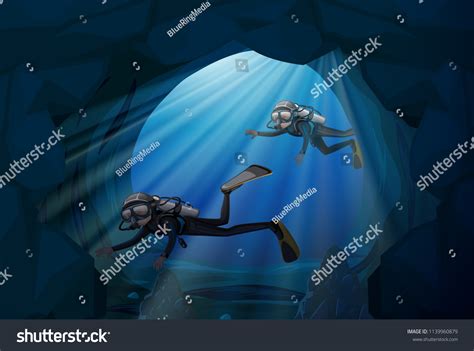 Diver Diving In Underwater Cave Illustration Royalty Free Stock