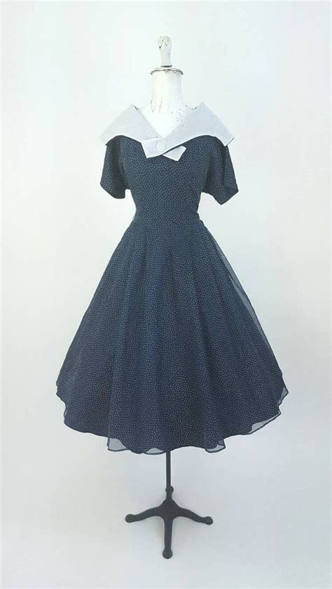 1950s Navy Polkadot Dress New Look Swing Blue Chiffon Etsy