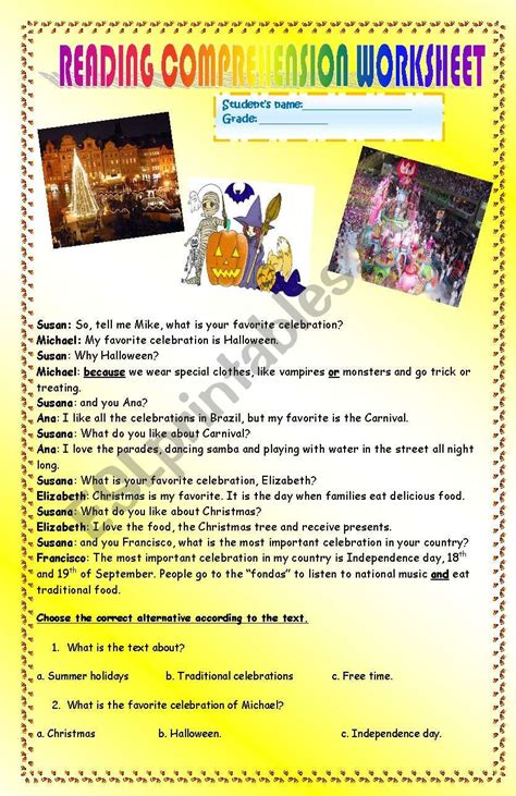 Reading Comprehension About Celebrations Esl Worksheet By Thechabe