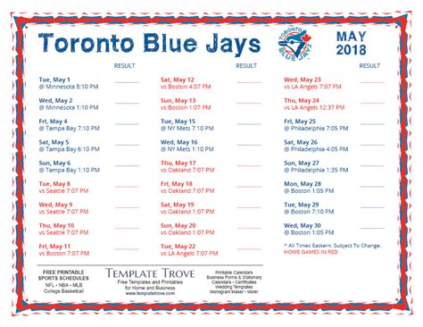 Printable 2018 Toronto Blue Jays Schedule