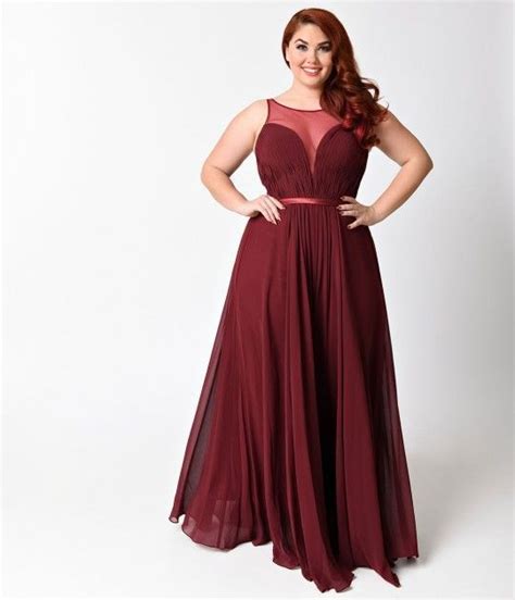 Preorder Plus Size Burgundy Chiffon Illusion Sweetheart Long Gown For