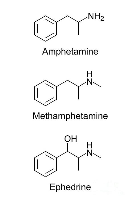 Amphetamine Methamphetamine And Ephedrine Chemical Structures Digital