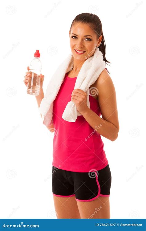 Woman Rests After Workout In Fitness Gym With Towel Around Her N Stock