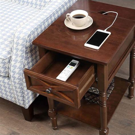 Country Oxford Square End Table With Charging Station In Espresso Wood