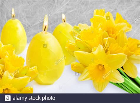 Yellow Easter Decoration With Candles And Daffodils Stock Photo Alamy