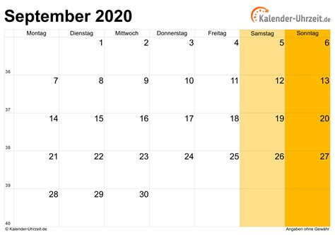 September 2020 Kalender Mit Feiertagen