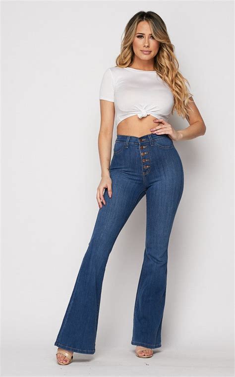 Vibrant Five Button Bell Bottom Jeans In Medium Wash Soho Girl Bell Bottom Jeans Outfit