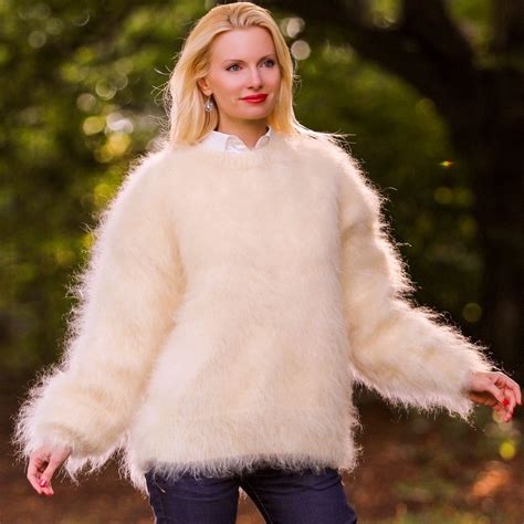 Ivory Fuzzy Mohair Sweater Hand Knitted Fluffy Handmade Jumper