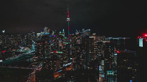 Night City Aerial View Buildings Metropolis Toronto Canada 4k Hd