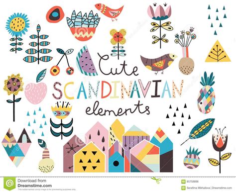 Set Of Cute Scandinavian Style Elements Hand Drawn Vector Illustration