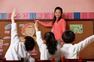 Teacher Teaching Alphabet With Students Raising Hands In Class Stock