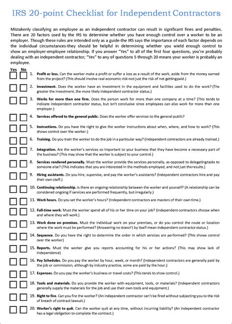 Irs 20 Point Checklist For Independent Contractors Employco Blog