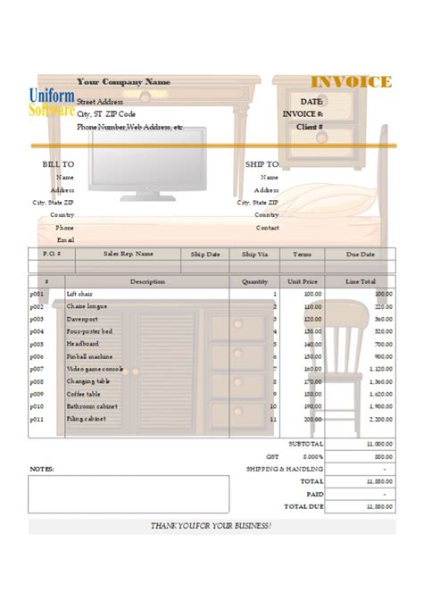 Editable Bill Sample For Furniture And Appliances