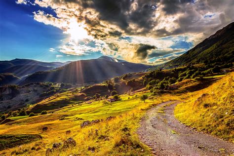 Scenery Mountains Grasslands Clouds Rays Of Light Trail Nature