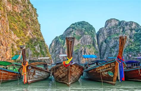 Scenery Thailand Islands View With Colorful Thai Boats Editorial Photo