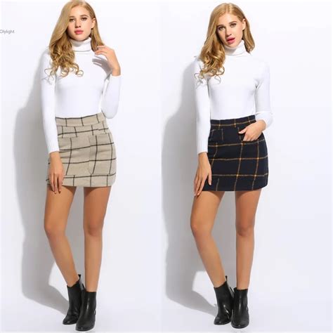 women fashion sexy mini skirt lady high waisted plaid pocket wool blend pakage hip skirts short