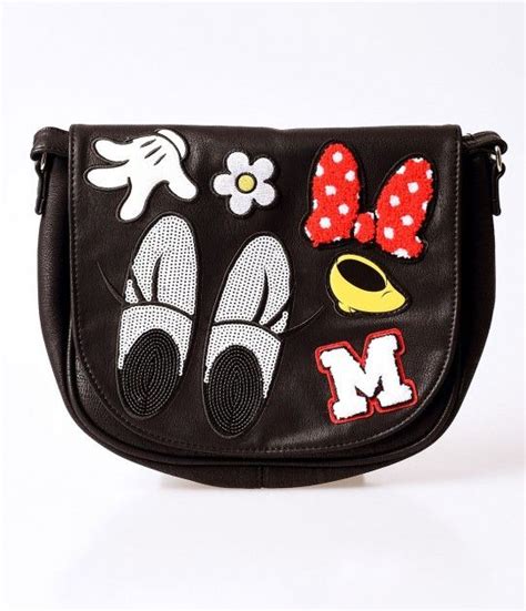 Black Pleather Minnie Mouse Patches Saddle Bag Black Crossbody Purse