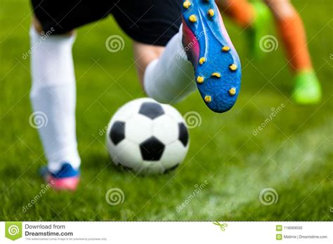 Soccer Kick Footballer Kicking Ball On Grass Pitch Football Soccer