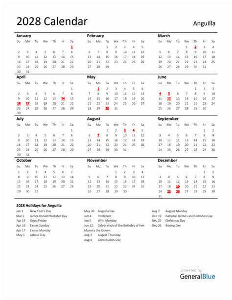 2028 Anguilla Calendar With Holidays