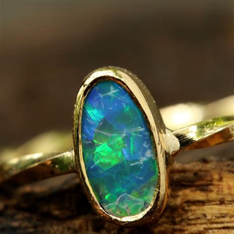 Australian Opal Ring In Royal Blue Of Green Fire With 18k Gold