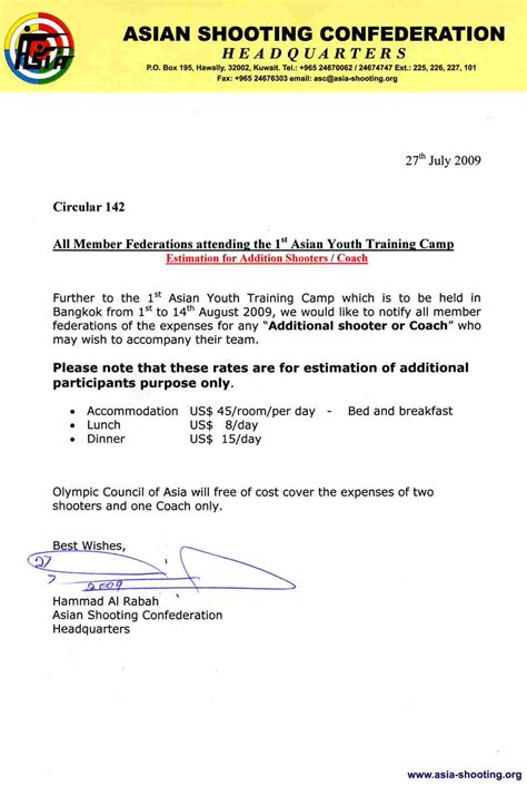 1st asian youth camp cost for additional shooters or coach 142 asian shooting confederation